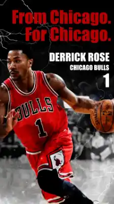 デリック・ローズが赤いブルズのユニフォームでドリブルする壁紙。「From Chicago. For Chicago.」のフレーズ入り
