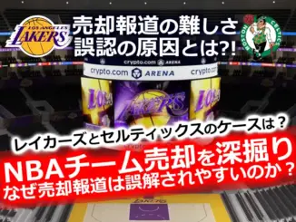ロサンゼルス・レイカーズのホームコート、Crypto.com Arenaのバスケットボールコート。NBAチーム売却報道に関する記事用サムネイル。