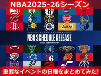 NBA全30チームのロゴが並んだ画像。画像内に「NBA2025-26シーズン」「重要なイベントの日程をまとめてみた！」と記載。