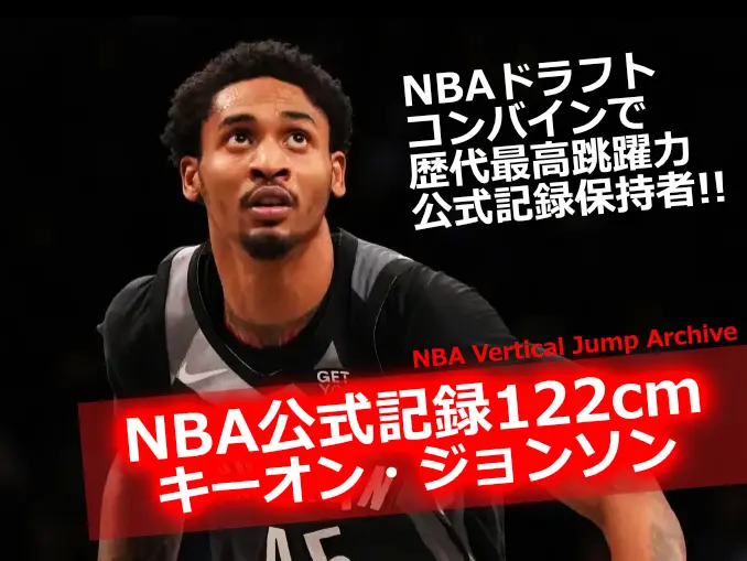 Keon Johnsonがブルックリン・ネッツのユニフォームで写る、NBA公式ジャンプ記録保持者として紹介された画像