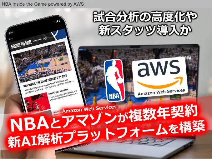 NBA Inside the GameのAI解析プラットフォームを表すグラフィックとNBA選手のデータ可視化イメージ
